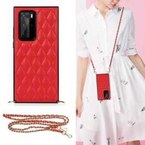 For Huawei P40 Pro Elegant Rhombic Pattern Microfiber Leather +TPU Shockproof Case with Crossbody Strap Chain(Red) (OEM)