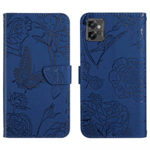 For Motorola Moto G32 HT03 Skin Feel Butterfly Embossed Flip Leather Phone Case(Blue) (OEM)