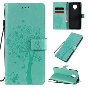 For Xiaomi Redmi Note 9 Pro Tree & Cat Embossed Pattern Horizontal Flip Leather Case with Holder & Card Slots & Wallet & Lanyard(Green) (OEM)