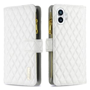 For Nothing Phone 1 Diamond Lattice Zipper Wallet Leather Flip Phone Case(White) (OEM)