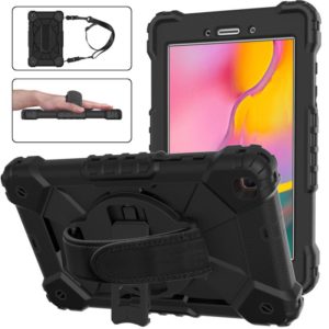 For Samsung Galaxy Tab A 8.0 (2019)T290/T295 Contrast Color Robot Shockproof Silicon + PC Protective Case with Holder & Shoulder Strap(Black) (OEM)