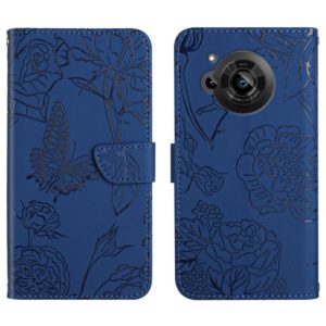 For Sharp Aquos R7 Skin Feel Butterfly Peony Embossed Leather Phone Case(Blue) (OEM)