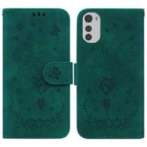 For Motorola Moto E32 Butterfly Rose Embossed Leather Phone Case(Green) (OEM)