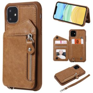 For iPhone 11 Dual Buckles Zipper Shockproof Back Cover Protective Case with Holder & Card Slots & Wallet & Lanyard & Photos Frames(Coffee) (OEM)