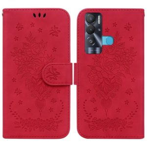 For Tecno Pova Neo Butterfly Rose Embossed Leather Phone Case(Red) (OEM)