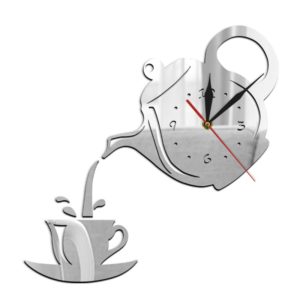 Creative DIY Acrylic Coffee Cup Teapot 3D Wall Clock Decorative Kitchen Wall Clocks Living Room Dining Room Home Decor Clock(Silver) (OEM)