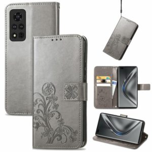 For Honor V40 5G Four-leaf Clasp Embossed Buckle Mobile Phone Protection Leather Case with Lanyard & Card Slot & Wallet & Bracket Function(Gray) (OEM)