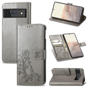 For Google Pixel 6 Four-leaf Clasp Embossed Leather Case with Lanyard & Card Slot & Wallet & Holder(Grey) (OEM)