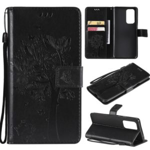 For OnePlus 9 Pro Tree & Cat Pattern Pressed Printing Horizontal Flip PU Leather Case with Holder & Card Slots & Wallet & Lanyard(Black) (OEM)