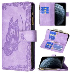 For iPhone XR Flying Butterfly Embossing Pattern Zipper Horizontal Flip Leather Case with Holder & Card Slots & Wallet(Purple) (OEM)