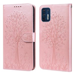 For Motorola Moto G9 Plus Tree & Deer Pattern Pressed Printing Horizontal Flip Leather Phone Case(Pink) (OEM)