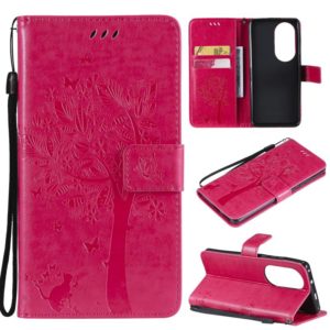 For Huawei P50 Pro Tree & Cat Pattern Pressed Printing Horizontal Flip PU Leather Case with Holder & Card Slots & Wallet & Lanyard(Rose Red) (OEM)