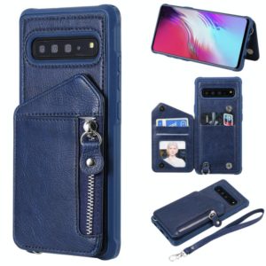 For Galaxy S10 5G Dual Buckles Zipper Shockproof Back Cover Protective Case with Holder & Card Slots & Wallet & Lanyard & Photos Frames(Blue) (OEM)
