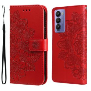For Tecno Camon 18/18P 7-petal Flowers Embossed Flip Leather Phone Case(Red) (OEM)
