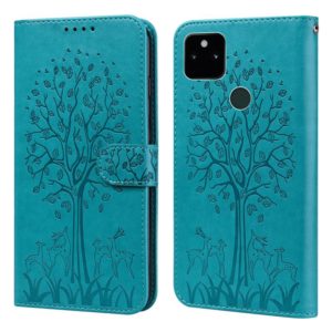 For Google Pixel 5a 5G Tree & Deer Pattern Pressed Printing Horizontal Flip Leather Phone Case(Blue) (OEM)
