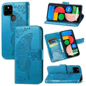For Google Pixel 5A Butterfly Love Flower Embossed Horizontal Flip Leather Case with Bracket & Card Slot & Wallet & Lanyard(Blue) (OEM)