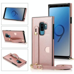 For Samsung Galaxy S9 Plus Wrist Strap PU+TPU Shockproof Protective Case with Crossbody Lanyard & Holder & Card Slot(Rose Gold) (OEM)
