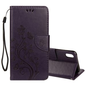 For iPhone XR Embossed Butterfly Pattern Horizontal Flip Leather Case with Card Slot & Holder & Wallet & Lanyard (Dark Purple) (OEM)