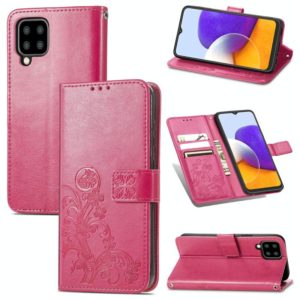 For Samsung Galaxy A22 5G Four-leaf Clasp Embossed Buckle Mobile Phone Protection Leather Case with Lanyard & Card Slot & Wallet & Bracket Function(Rose Red) (OEM)