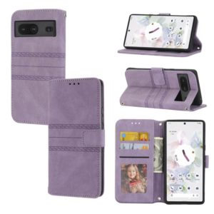 For Google Pixel 7 Embossed Striped Magnetic Buckle Horizontal Flip Phone Leather Case(Purple) (OEM)