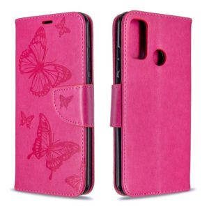 For Huawei P Smart (2020) Two Butterflies Embossing Pattern Horizontal Flip Leather Case with Holder & Card Slot & Wallet & Lanyard(Rose Red) (OEM)
