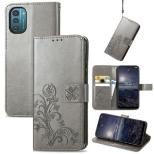 For Nokia G21 Four-leaf Clasp Embossed Buckle Leather Phone Case(Gray) (OEM)