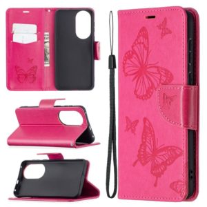 For Huawei P50 Two Butterflies Embossing Pattern Horizontal Flip Leather Case with Holder & Card Slot & Wallet & Lanyard(Rose Red) (OEM)