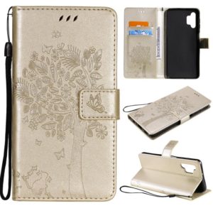 For Samsung Galaxy A32 5G Tree & Cat Pattern Pressed Printing Horizontal Flip PU Leather Case with Holder & Card Slots & Wallet & Lanyard(Gold) (imak) (OEM)