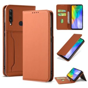 For Huawei Y6P Strong Magnetism Liquid Feel Horizontal Flip Leather Case with Holder & Card Slots & Wallet(Brown) (OEM)
