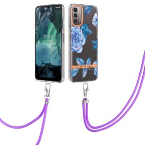 For Nokia G21/G11 Flowers Series TPU Phone Case with Lanyard(Blue Peony) (OEM)