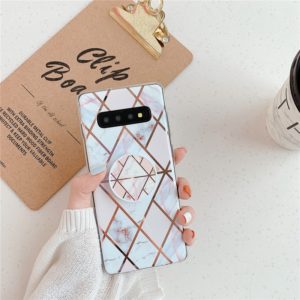 For Galaxy S10 Plus Plating Colorful Geometric Pattern Mosaic Marble TPU Mobile Phone Case with Folding Bracket(White PF3) (OEM)
