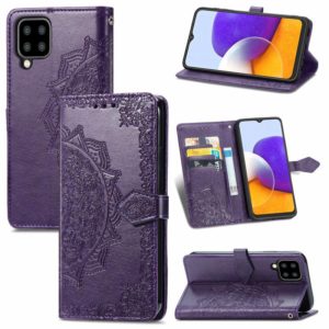 For Samsung Galaxy A22 4G Mandala Embossing Pattern Horizontal Flip Leather Case with Holder & Card Slots & Wallet & Lanyard(Purple) (OEM)