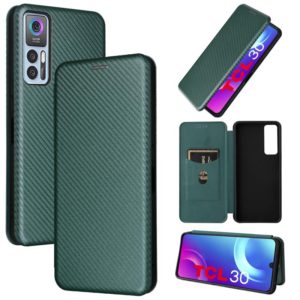 For TCL 30 5G / 30+ Carbon Fiber Texture Horizontal Flip Leather Phone Case(Green) (OEM)