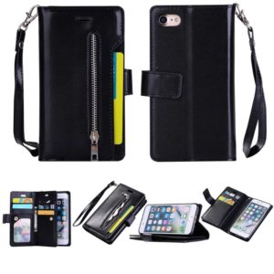 For iPhone SE 2022 / SE 2020 / 8 / 7 Multifunctional Zipper Horizontal Flip Leather Case with Holder & Wallet & 9 Card Slots & Lanyard(Black) (OEM)