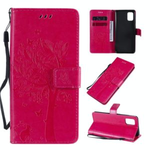 For Samsung Galaxy A31 Tree & Cat Embossed Pattern Horizontal Flip Leather Case with Holder & Card Slots & Wallet & Lanyard(Rose Red) (OEM)