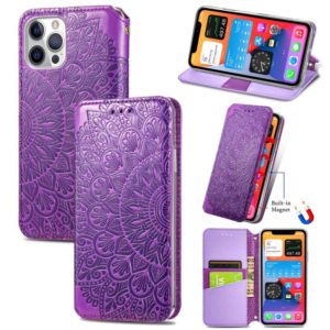 For iPhone 12 Pro Max Blooming Mandala Embossed Pattern Magnetic Horizontal Flip Leather Case with Holder & Card Slots & Wallet(Purple) (OEM)