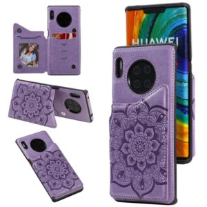 For Huawei Mate 30 Pro Flower Embossing Pattern Shockproof Protective Case with Holder & Card Slots & Photo Frame(Purple) (OEM)