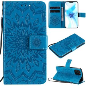 For iPhone 12 / 12 Pro Pressed Printing Sunflower Pattern Horizontal Flip PU Leather Case Holder & Card Slots & Wallet & Lanyard(Blue) (OEM)