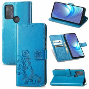 For Motorola Moto G50 Four-leaf Clasp Embossed Buckle Mobile Phone Protection Leather Case with Lanyard & Card Slot & Wallet & Bracket Function(Blue) (OEM)
