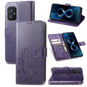 For Asus Zenfone 8 ZS590KS Four-leaf Clasp Embossed Buckle Mobile Phone Protection Leather Case with Lanyard & Card Slot & Wallet & Bracket Function(Purple) (OEM)