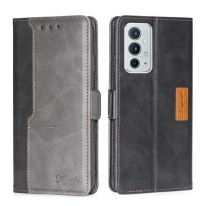 For OnePlus 9RT 5G Retro Texture Contrast Color Side Buckle Horizontal Flip Leather Phone Case with Holder & Card Slots & Wallet(Black+Grey) (OEM)