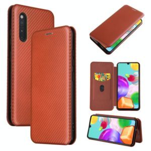 For Samsung Galaxy A41(JP Version) Carbon Fiber Texture Horizontal Flip TPU + PC + PU Leather Case with Rope & Card Slot(Brown) (OEM)