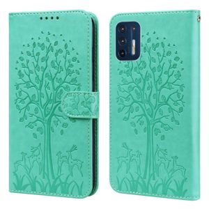 For Motorola Moto G9 Plus Tree & Deer Pattern Pressed Printing Horizontal Flip Leather Phone Case(Green) (OEM)