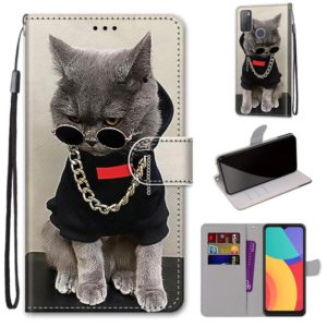 For Alcatel 3L 2021 Coloured Drawing Cross Texture Horizontal Flip PU Leather Case with Holder & Card Slots & Wallet & Lanyard(Golden Chain Grey Cat) (OEM)