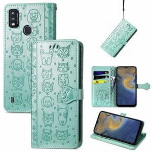 For ZTE A51 Lovely Cat and Dog Embossing Pattern Horizontal Flip Leather Case , with Holder & Card Slots & Wallet & Cartoon Clasp & Lanyard(Green) (OEM)