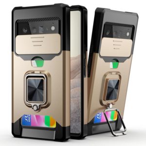 For Google Pixel 6 Pro Sliding Camera Cover Design PC + TPU Shockproof Case with Ring Holder & Card Slot(Gold) (OEM)
