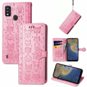 For ZTE A51 Lovely Cat and Dog Embossing Pattern Horizontal Flip Leather Case , with Holder & Card Slots & Wallet & Cartoon Clasp & Lanyard(Pink) (OEM)