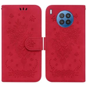 For Huawei nova 5i / Honor 50 Lite Butterfly Rose Embossed Leather Phone Case(Red) (OEM)
