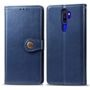 For OPPO A5 2020 / A9 2020 Retro Solid Color Leather Buckle Phone Case with Lanyard & Photo Frame & Card Slot & Wallet & Stand Function(Blue) (OEM)