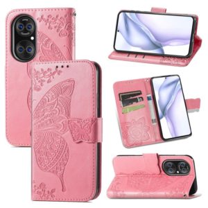 For Huawei P50 Pro Butterfly Love Flowers Embossed Horizontal Flip Leather Case with Holder & Card Slots & Wallet & Lanyard(Pink) (OEM)